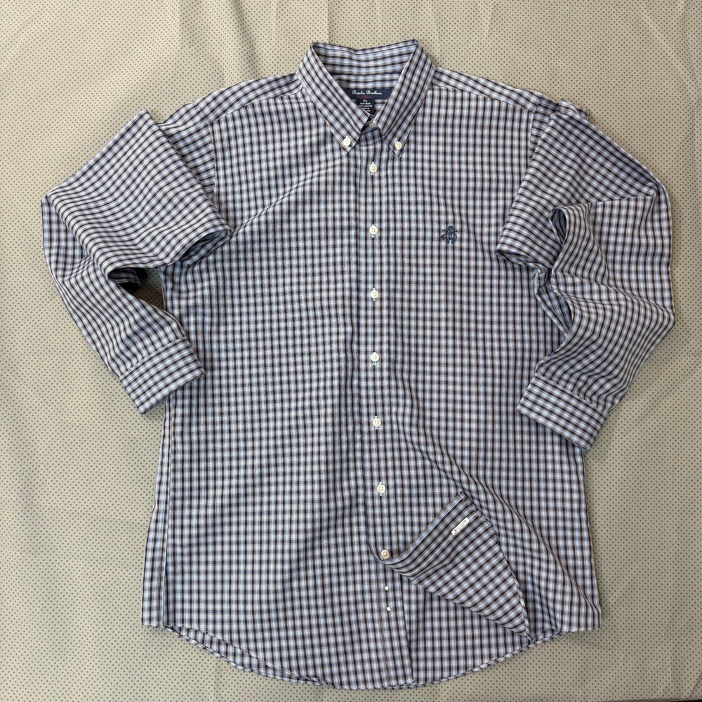 Brooks Brothers Button Down Shirt Mens XL Blue Plaid Non-Iron Cotton Casual